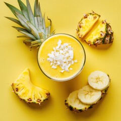 A vibrant smoothie with a blend of tropical fruits like pineapple, mango, and banana. Featuring vitality and refreshment