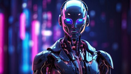 A small futuristic robot with a square head and glowing blue and pink eyes stands on a glowing circuit board against a dark background.