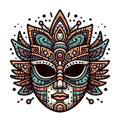 Naklejka premium Ornate tribal mask with feather headdress in rich decorative patterns. Ideal for ethnic art collections, cultural heritage exhibitions, and indigenous tradition illustrations.