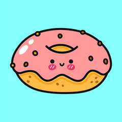 A cute, happy donut with pink frosting and chocolate chips on a light blue background.