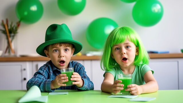 A boy and a girl sitting at a table with green balloons in the background.