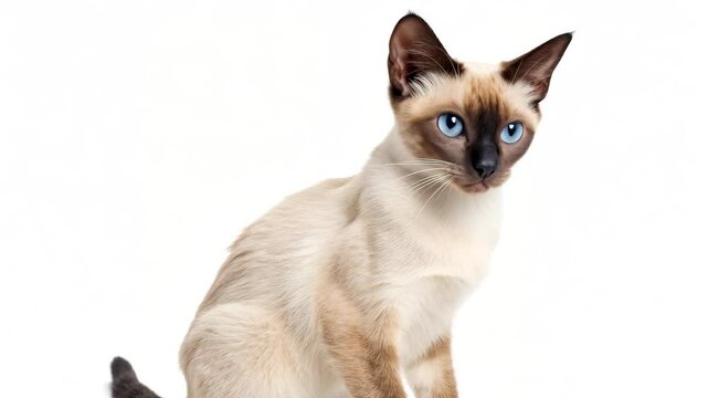 Siamese cat sitting on a white background with striking blue eyes.


