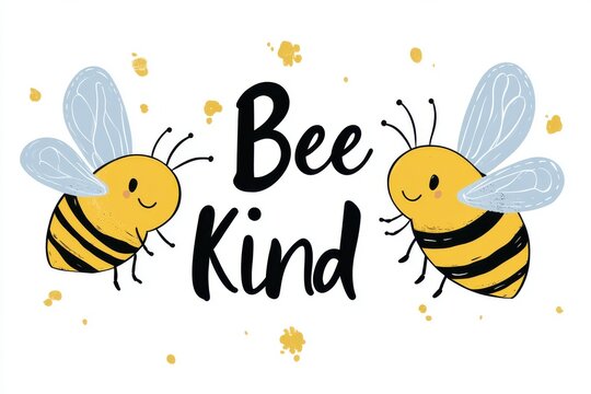 Two cartoon bees flank the text bee kind on a white background with small green and white dots scattered