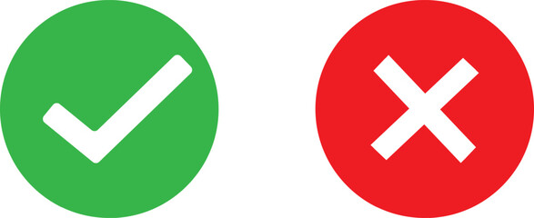 Green round check mark and red cross mark in circle. Flat and modern checkmark design, Symbols YES and NO button for vote and icon. vector illustration