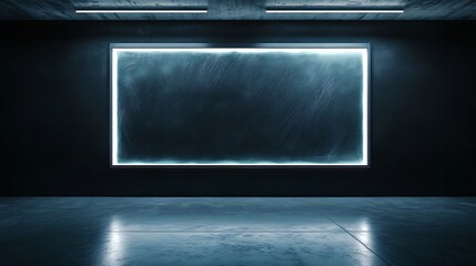 Obraz premium A rectangular neon frame illuminates a dark concrete room in shadows