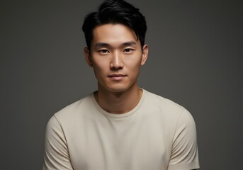 Fototapeta premium Confident Asian Man Portrait Calm Expression, Neutral Background, Short Black Hair, Beige T-Shirt.