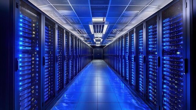 Brightly lit data center with mirrored blue reflections, rows of secure server racks, and a high-tech ceiling. Great for IT ads, cloud computing, and tech infrastructure themes