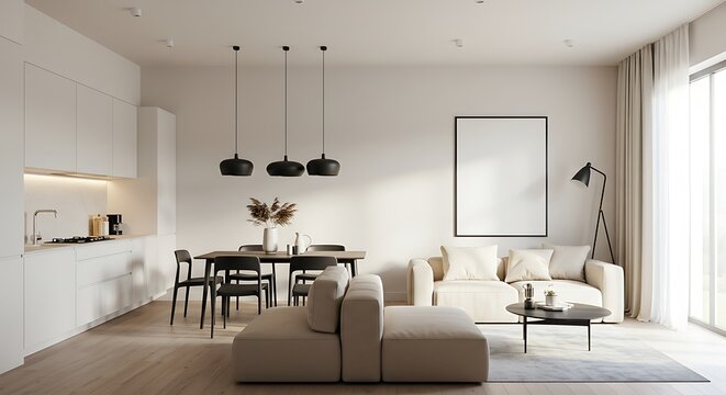 Serene minimalist home interior featuring neutral tones and modern furnishings