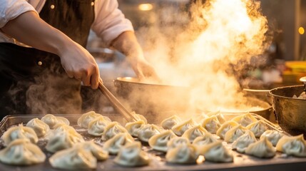 Fototapeta premium Chef preparing traditional Chinese dumplings in a vibrant steaming kitchen