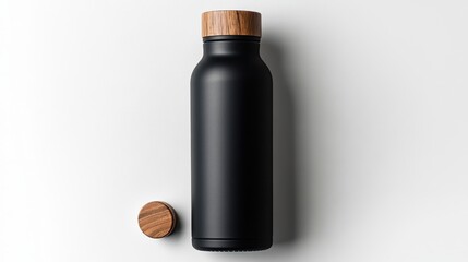 A high-end insulated water bottle with a wooden cap, placed on a white background