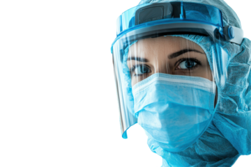 Healthcare worker in protective gear PPE mask face shield isolated on transparent background