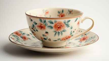 Fototapeta premium A vintage-style porcelain teacup and saucer with a floral pattern, placed on a white background
