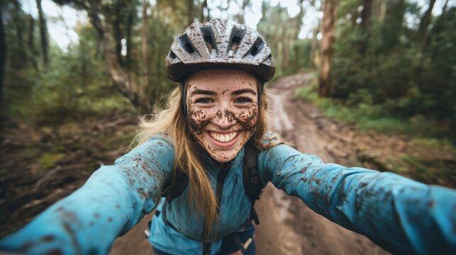 Happy muddy woman in helmet takes selfie after mountain biking.