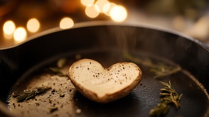 A heart-shaped mushroom slice cooking in a cast-iron skillet surrounded by fresh herbs, with a warm, inviting glow from blurred fairy lights in the background