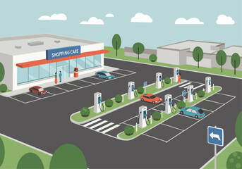 Modern shopping center with electric vehicle charging stations. Cars parked, people entering the store. Bright, clean, commercial scene.