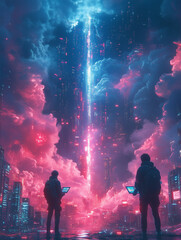 Cyberpunk-style futuristic cityscape with glowing clouds, digital skyscrapers, and two hooded hackers using laptops &mdash; concept of cybersecurity, data cloud, and sci-fi metaverse.