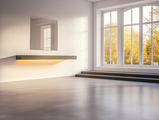 Fototapeta premium Modern minimalist interior showcasing large windows and natural lighting in a serene space