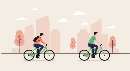 Fototapeta premium Two cyclists ride along a city path. Green bikes against a soft, pastel cityscape. Clean, modern illustration, perfect for lifestyle and transportation concepts.