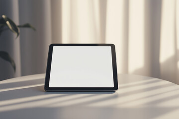 Fototapeta premium Front-facing blank digital tablet standing on a white desk with natural lighting, perfect for tech mockups, branding, or app design concepts.