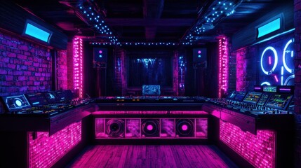 Neon-lit nightclub showcases vibrant bar with DJ setup and sleek seating in an urban location