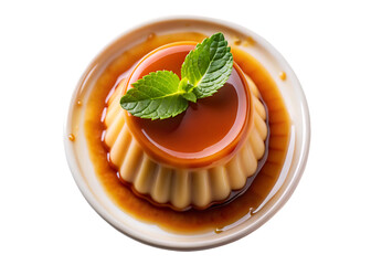  Creamy caramel pudding dessert top view isolated on white background for bakery and food design concepts.