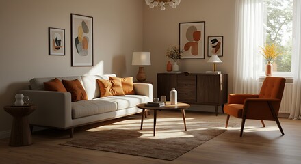 Serene living room interior showcasing warm earth tones and minimalist d?cor accents
