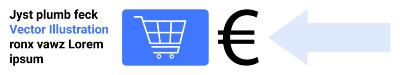 Blue shopping cart icon next to euro currency symbol and large arrow pointing right. Ideal for commerce, e-commerce, online shopping, payments, currency exchange, retail, simple landing page