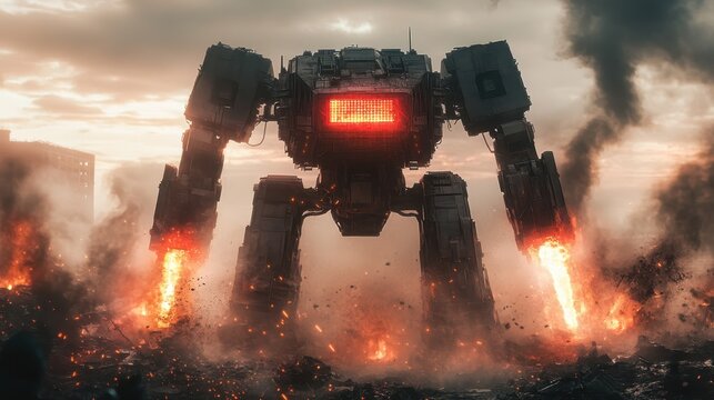 Giant mech encounters a lone figure in a rainy cyberpunk cityscape at twilight