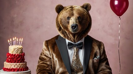 Brown bear in glam fashionable couture high end outfit isolated on Birthday background.