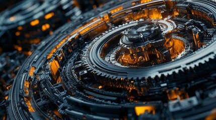 Abstract 3D rendering of intricate metallic gears and mechanisms, glowing orange accents.