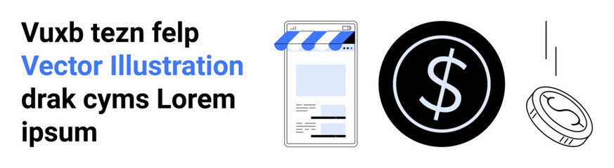 Storefront design with awning, currency symbol, and falling coins showcasing e-commerce, finance, payment, banking, savings, marketing and business. Ideal for simple landing page