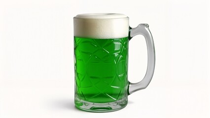 A green beer mug with a white foam on top.