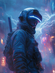 Cyberpunk explorer in high-tech gear with glowing visor stands above a futuristic city in the clouds — concept art for metaverse, VR, and digital future.