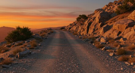 A winding dirt road cuts through a rocky, mountainous landscape at sunset, bathed in warm golden light