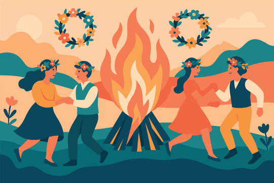 Joyful midsummer celebration with dancing couples and bonfire in nature scene