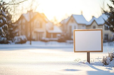A winter street scene with an empty sign covered in snow, sunlight illuminating the scene, blurred urban background