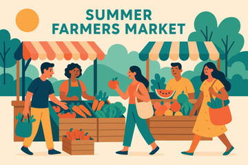 Vibrant summer farmers market scene with fresh produce and community interaction