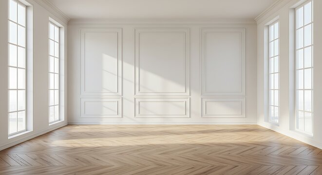 Sunlit elegance: Spacious room interior with classic white wall panelling