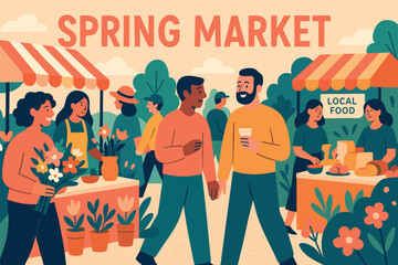 Vibrant spring market scene with local food and flowers display