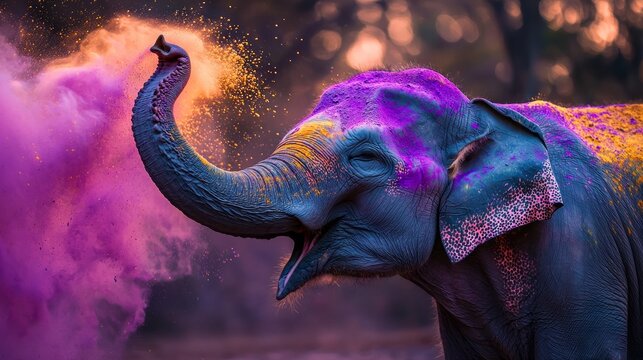 A colorful elephant is blowing a cloud of pink and purple powder - Powered by Adobe