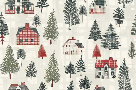 Rustic country christmas cottage with primitive hand sewing fabric effect. border. Cozy nostalgic shabby chic homespun ribbon trim with americana winter handmade crafts style edging.