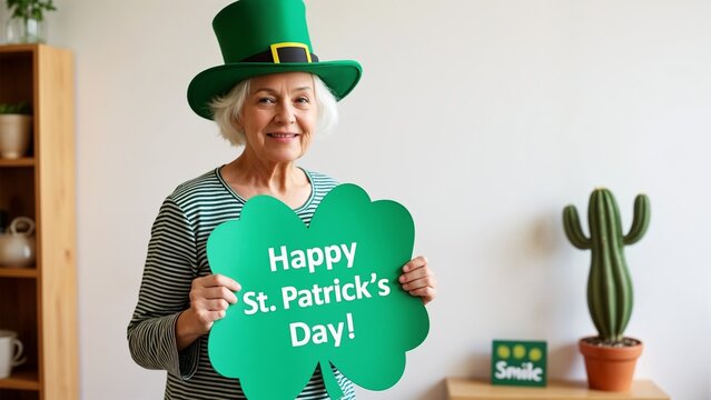 A woman in a green hat holding a green paper cutout that says "Happy St. Patrick's Day!"