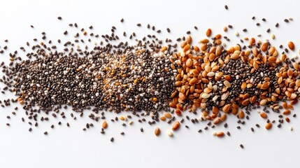 A variety of dried seeds, including hemp, chia, and flax seeds, scattered across a white background