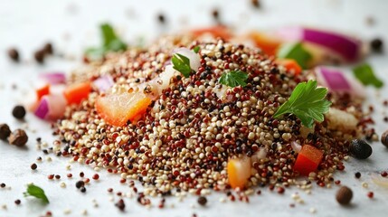 A close-up of a pile of quinoa seeds, surrounded by fresh vegetables and grains, on a white background