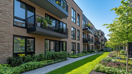 Modern apartment building complex with meticulously landscaped courtyard