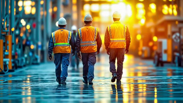 Three industrial workers with reflective orange safety vests and white hardhats walking through wet construction site at sunset. Backview silhouette of engineering team on evening shift inspection