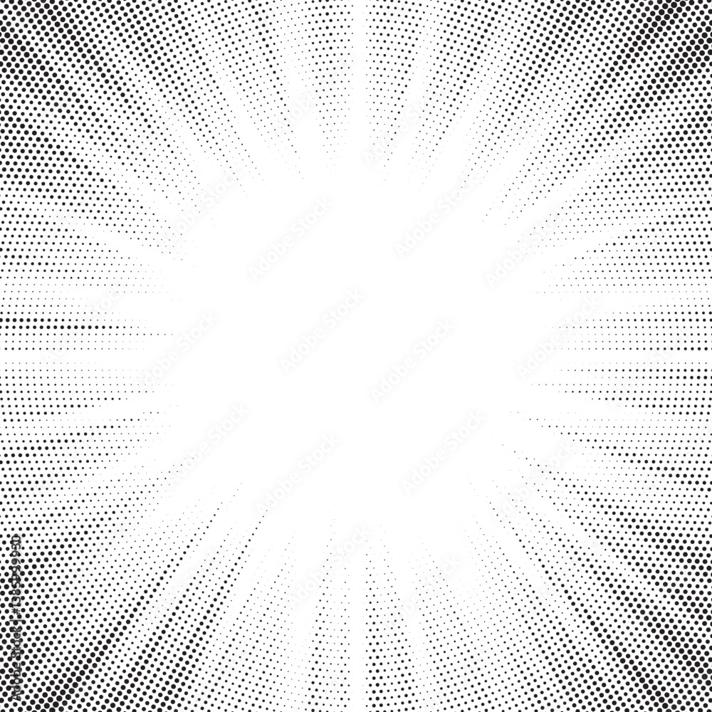 Fototapete Halftone gradient sun rays pattern. Abstract halftone vector dots background. monochrome dots pattern. Vector background in comic book style with sunburst rays and halftone. Retro pop art design.	