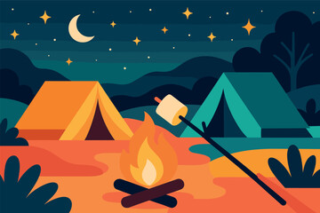 Vibrant summer camping night with tents and campfire under starry sky for outdoor adventure enthusiasts