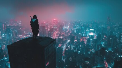Fototapeta premium Vigilante stands on rooftop overlooking city during cloudy twilight