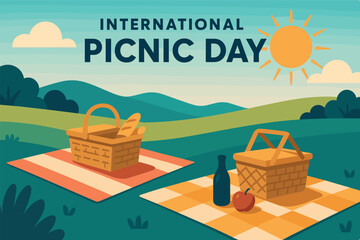International picnic day celebration in scenic landscape with baskets and sun